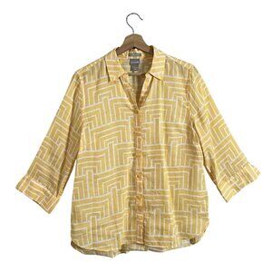 Chicos Linen Top Size 1 Medium No Iron Geometric Maze Yellow Shirt 570252262